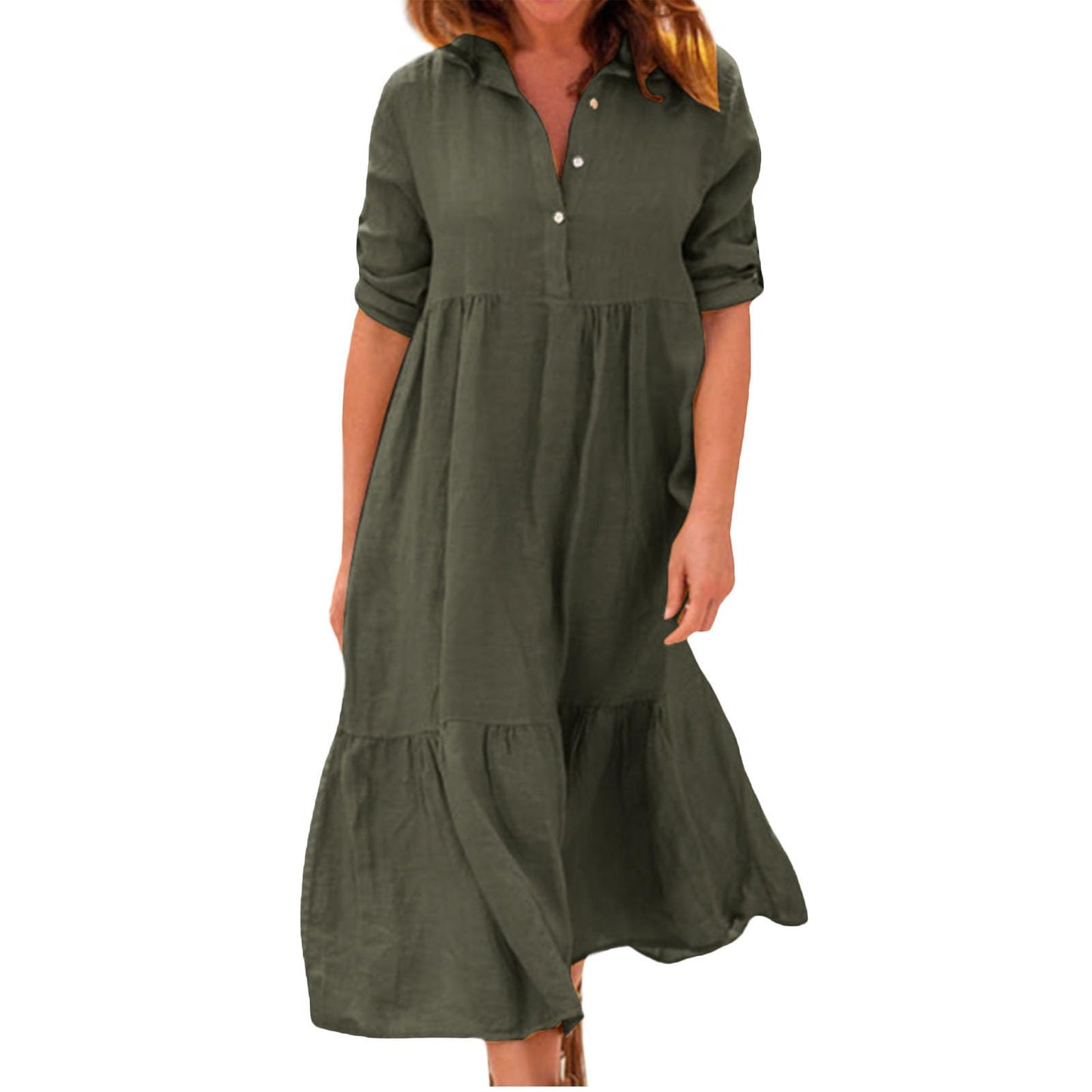 Alivebody Womens Button Down Shirt Dress, Cotton Linen Long Ruffle Hem Loose Half Sleeve Casual Summer Maxi Dress with Collar