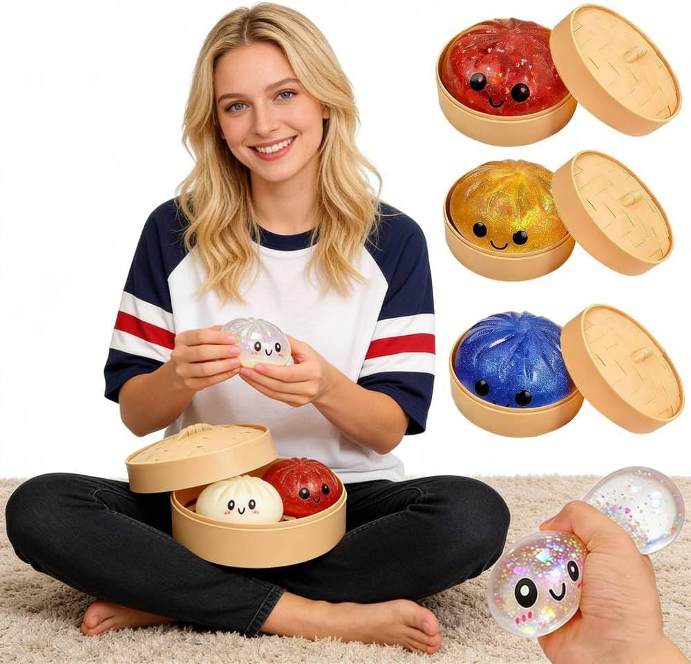 Kribee Glitter Dumpling Squishy-Giant Dumpling Squishy Fidget Toy with Steamer Case,Mega Rainbow Slow-Rising Sensory Decompression Toy, Thermoplastic Rubber, Stress Relief for Adults (Red)