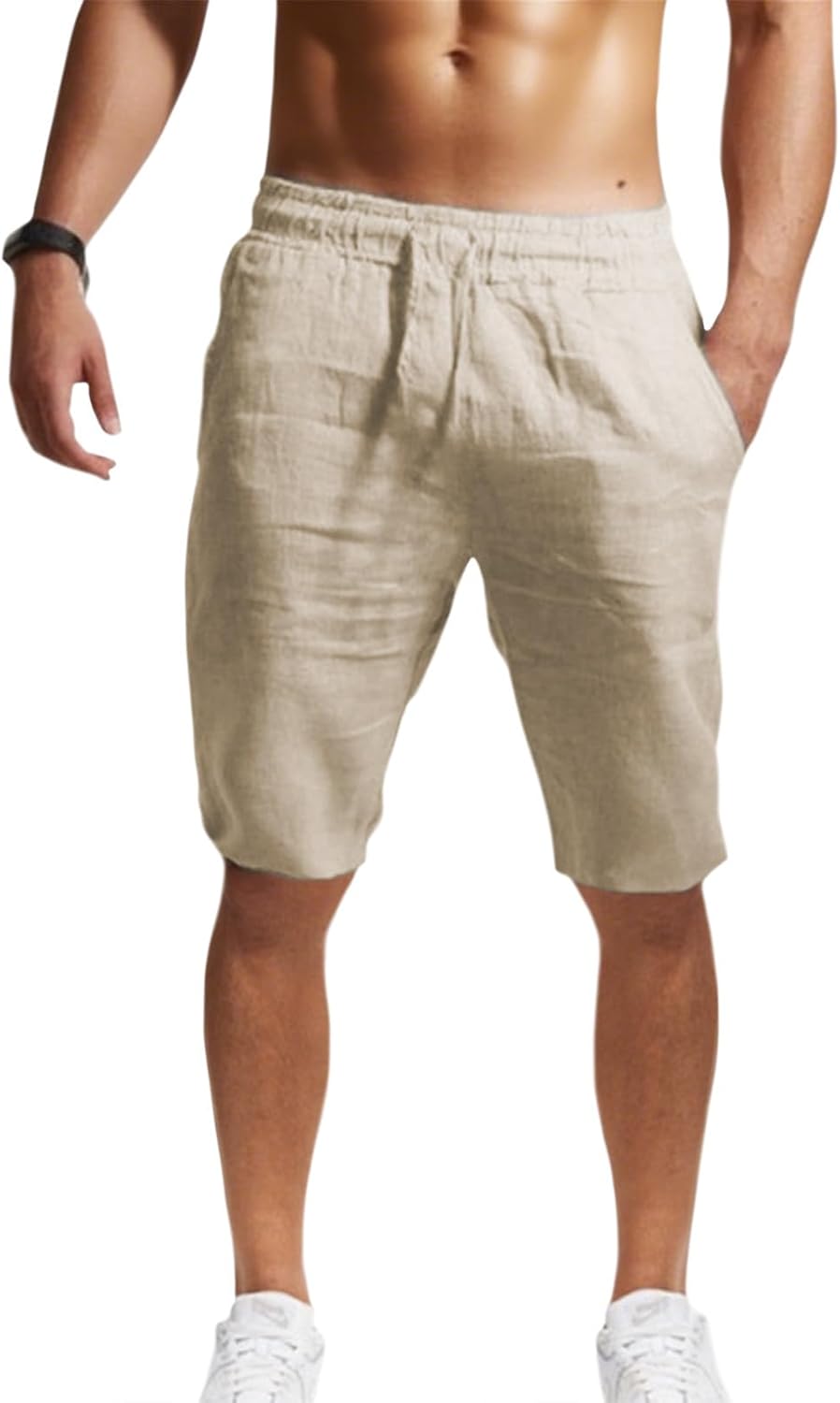 GYMTSL Mens Linen Shorts Casual Loose Fit Elastic Drawstring Waist Straight Leg Summer Beach Vacation Bermuda Shorts