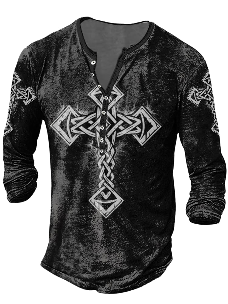 JiffPom Mens Henley Shirts Christian Shirt Jesus Cross Retro Long Sleeve Casual Button Down Washed T-Shirts Boy's Tops