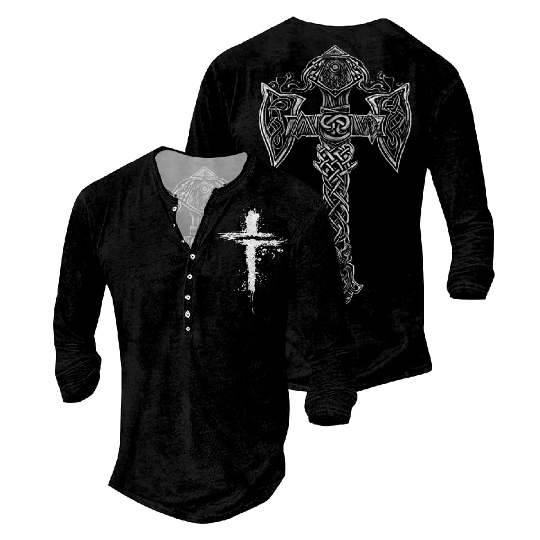 JiffPom Jesus Shirts for Men Distressed Henley Shirts Retro Cross Shirt Long Sleeve Shirt V Neck Button Down Washed T-Shirts