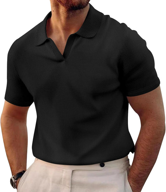 WAZZAP Polo Shirts for Men V Neck Pullover Waffle Casual Hippie Stretch Short Sleeve Business Summer Beach Workout Tops