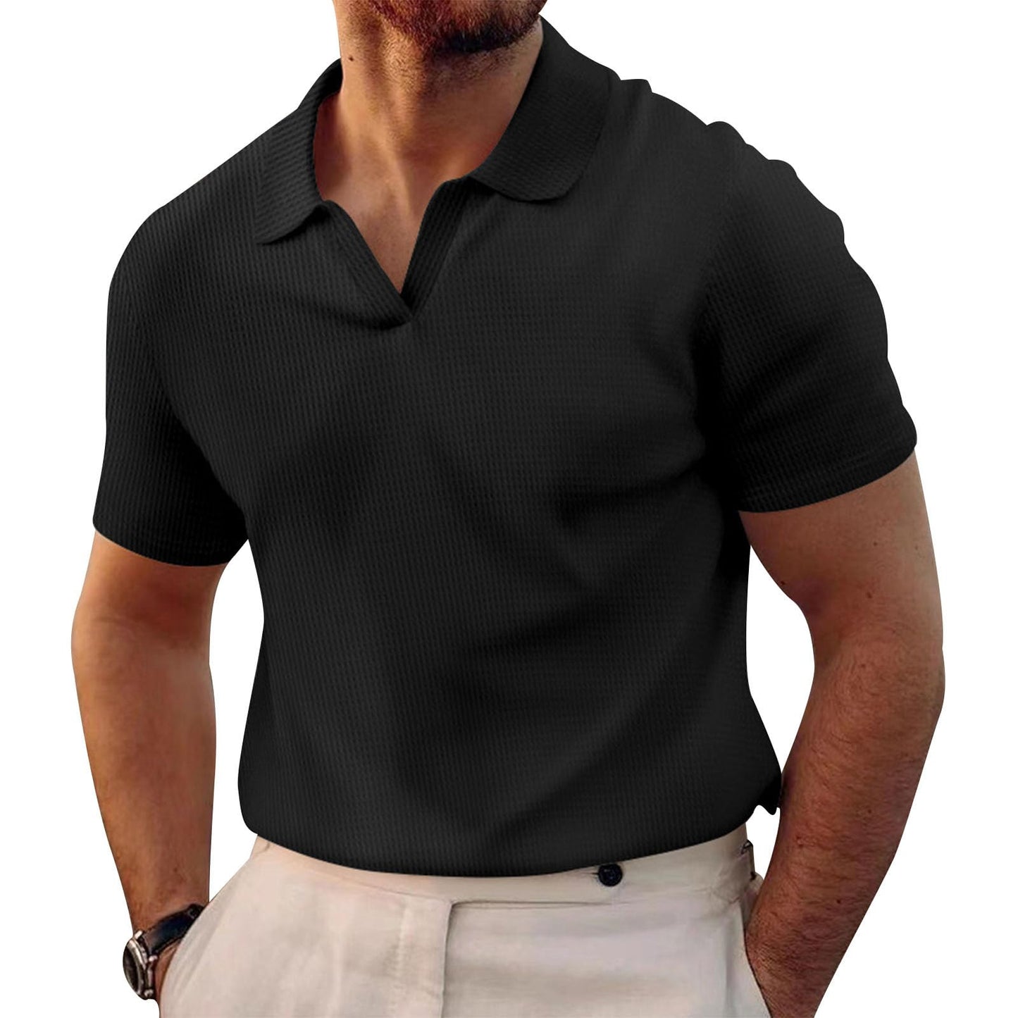 WAZZAP Polo Shirts for Men V Neck Pullover Waffle Casual Hippie Stretch Short Sleeve Business Summer Beach Workout Tops