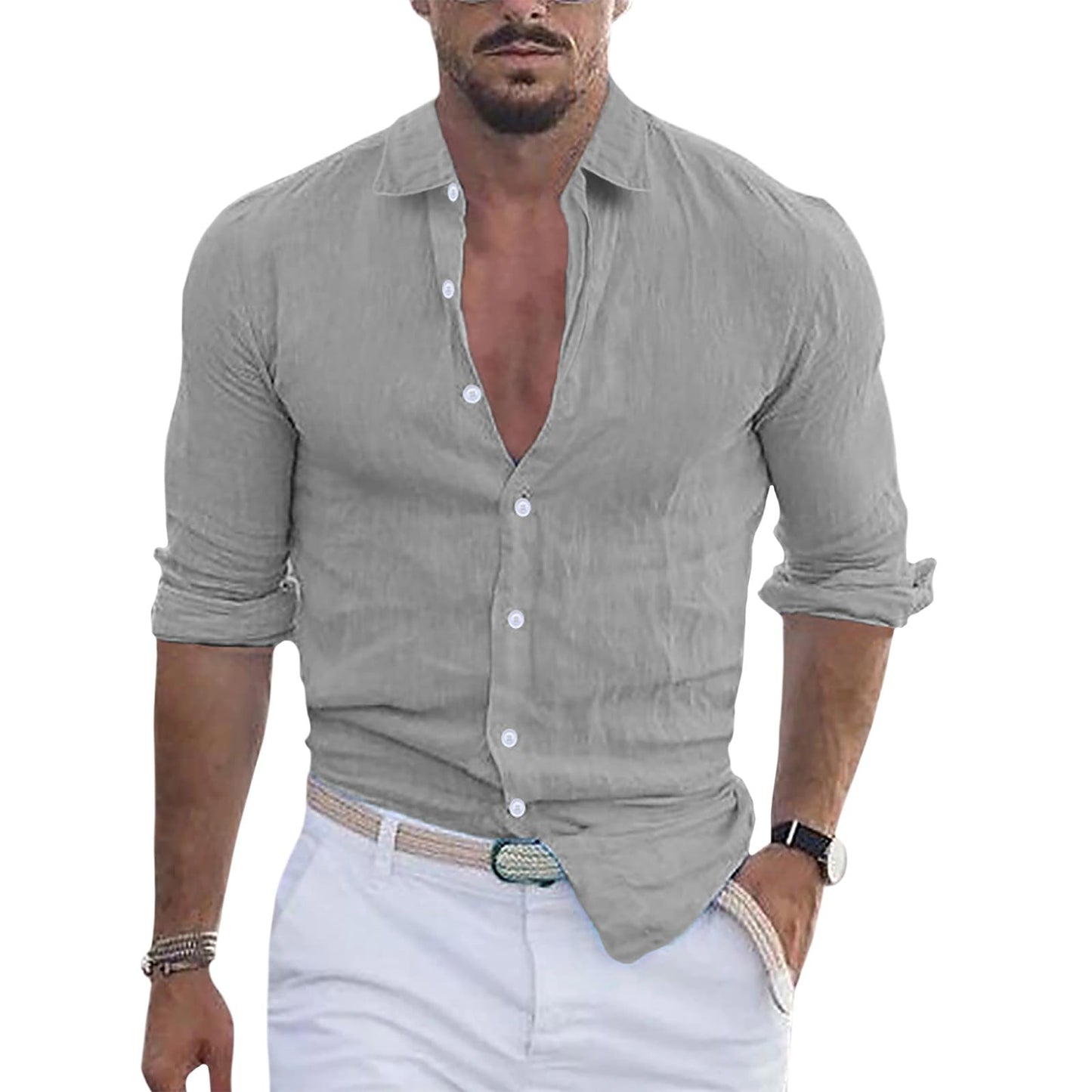 GYMTSL Mens Button Down Shirt Casual Summer Long Sleeve Business Dressy Blouse Solid Collar High Elastic Tops