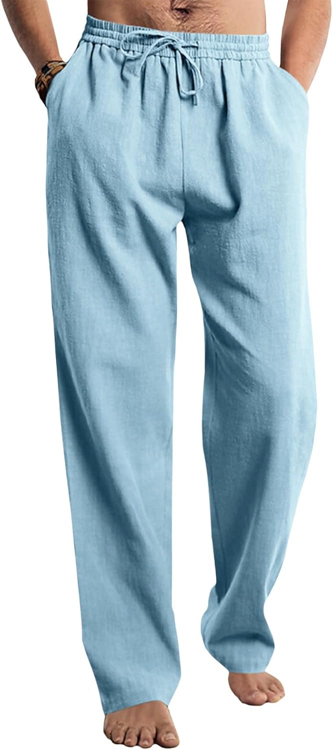 Befox Men Linen Pants,Casual Lightweight Loose Fit Elastic Drawstring Waist Loose Trousers Summer Beach Pants