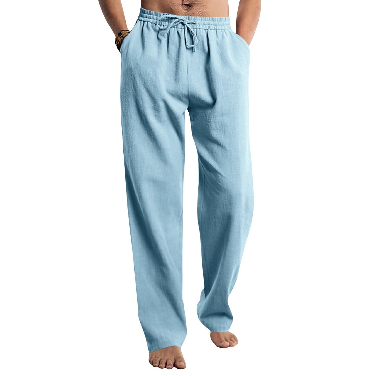 Befox Men Linen Pants,Casual Lightweight Loose Fit Elastic Drawstring Waist Loose Trousers Summer Beach Pants