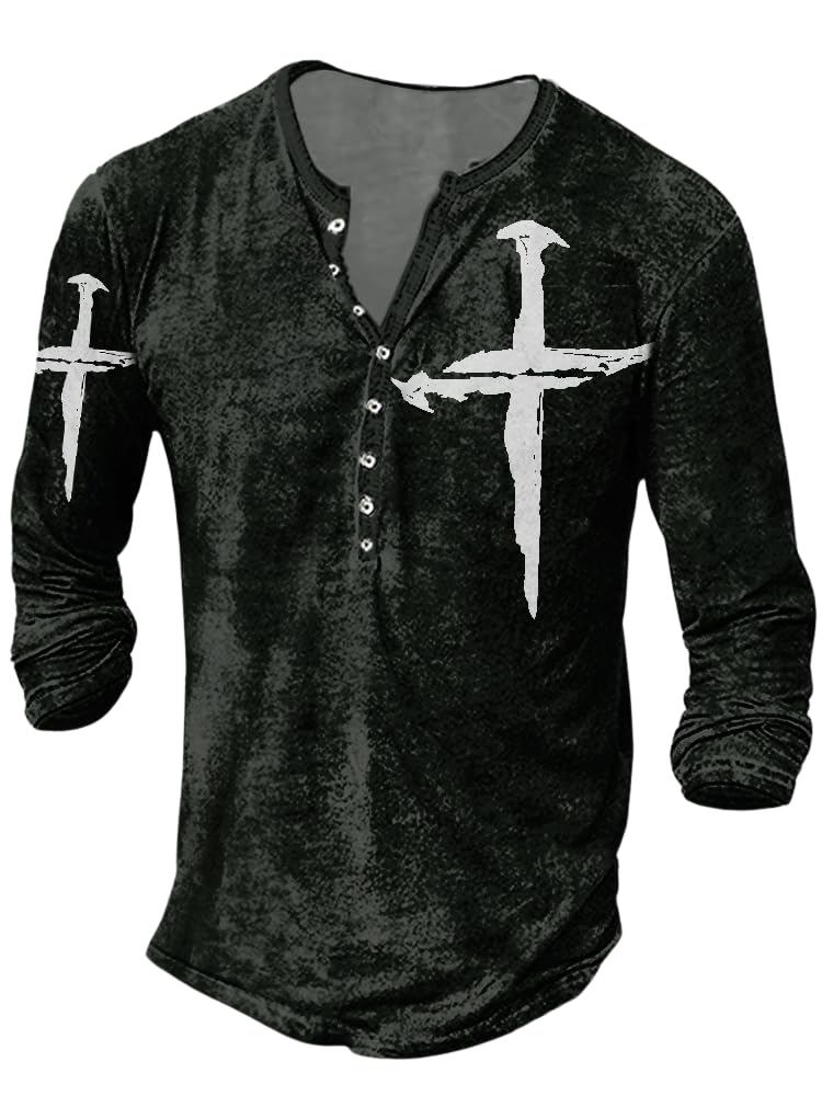 JiffPom Mens Henley Shirts Christian Shirt Jesus Cross Retro Long Sleeve Casual Button Down Washed T-Shirts Boy's Tops