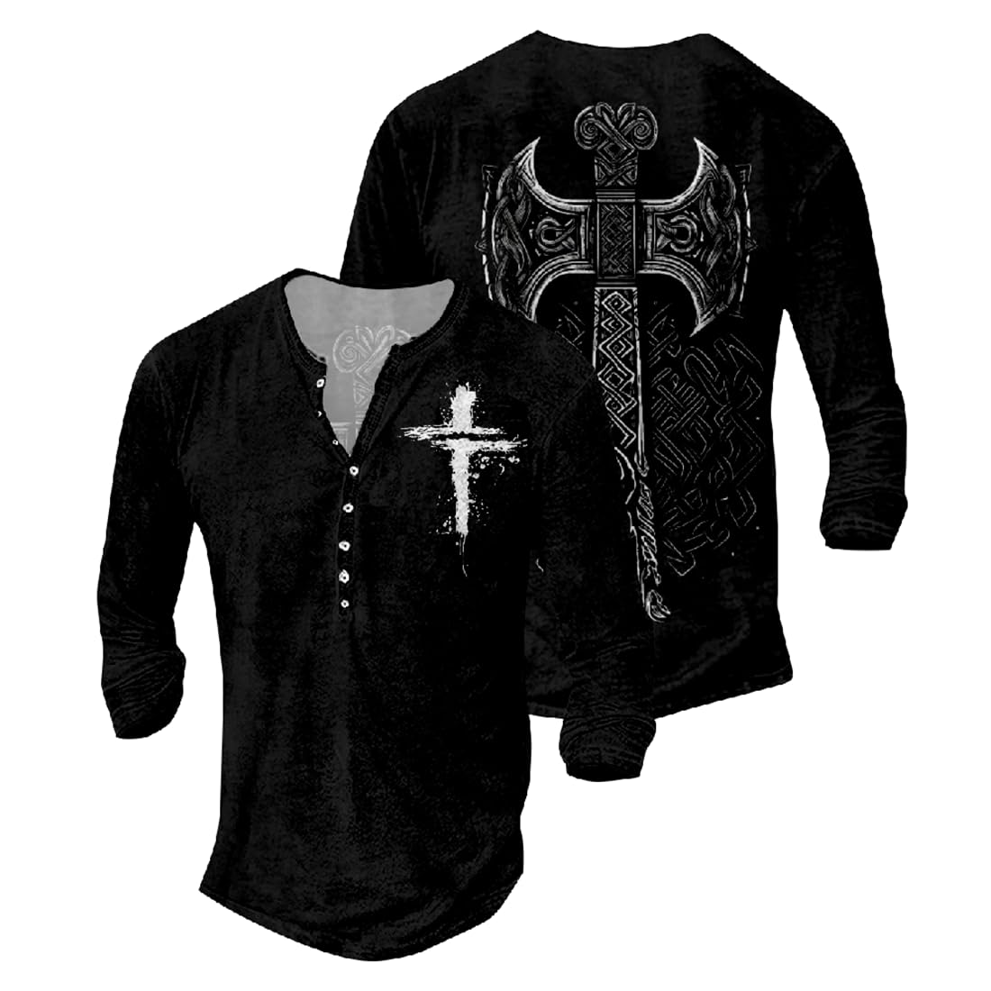 JiffPom Jesus Shirts for Men Distressed Henley Shirts Retro Cross Shirt Long Sleeve Shirt V Neck Button Down Washed T-Shirts