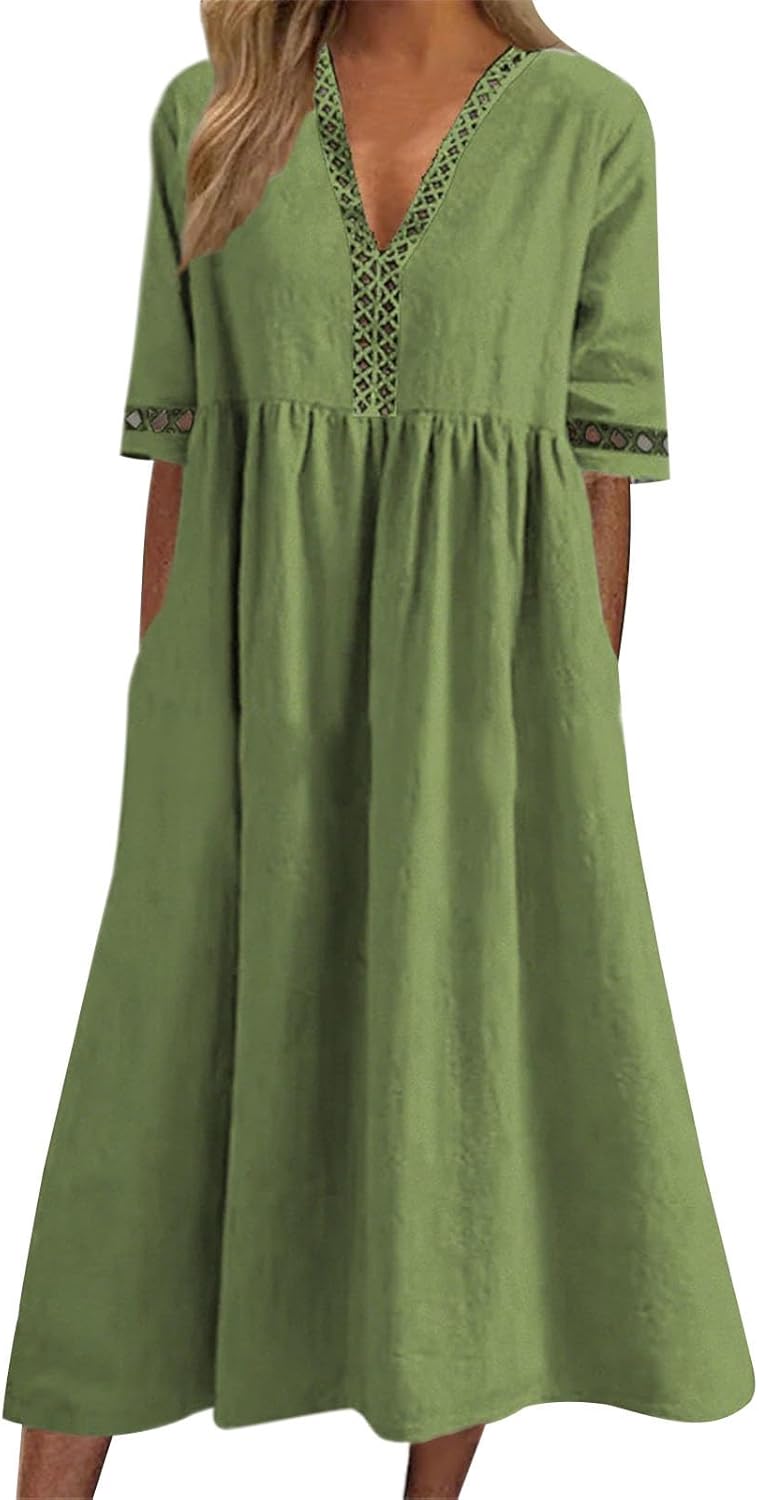 FONDBERYL Women's Cotton V Neck Long Flowy Loose Dress, Short Sleeve Plus Size Elegant Casual Wedding Guest Sun Dress 2026