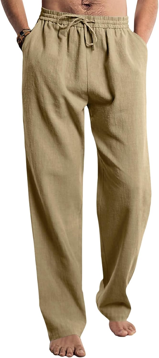 Befox Men Linen Pants,Casual Lightweight Loose Fit Elastic Drawstring Waist Loose Trousers Summer Beach Pants