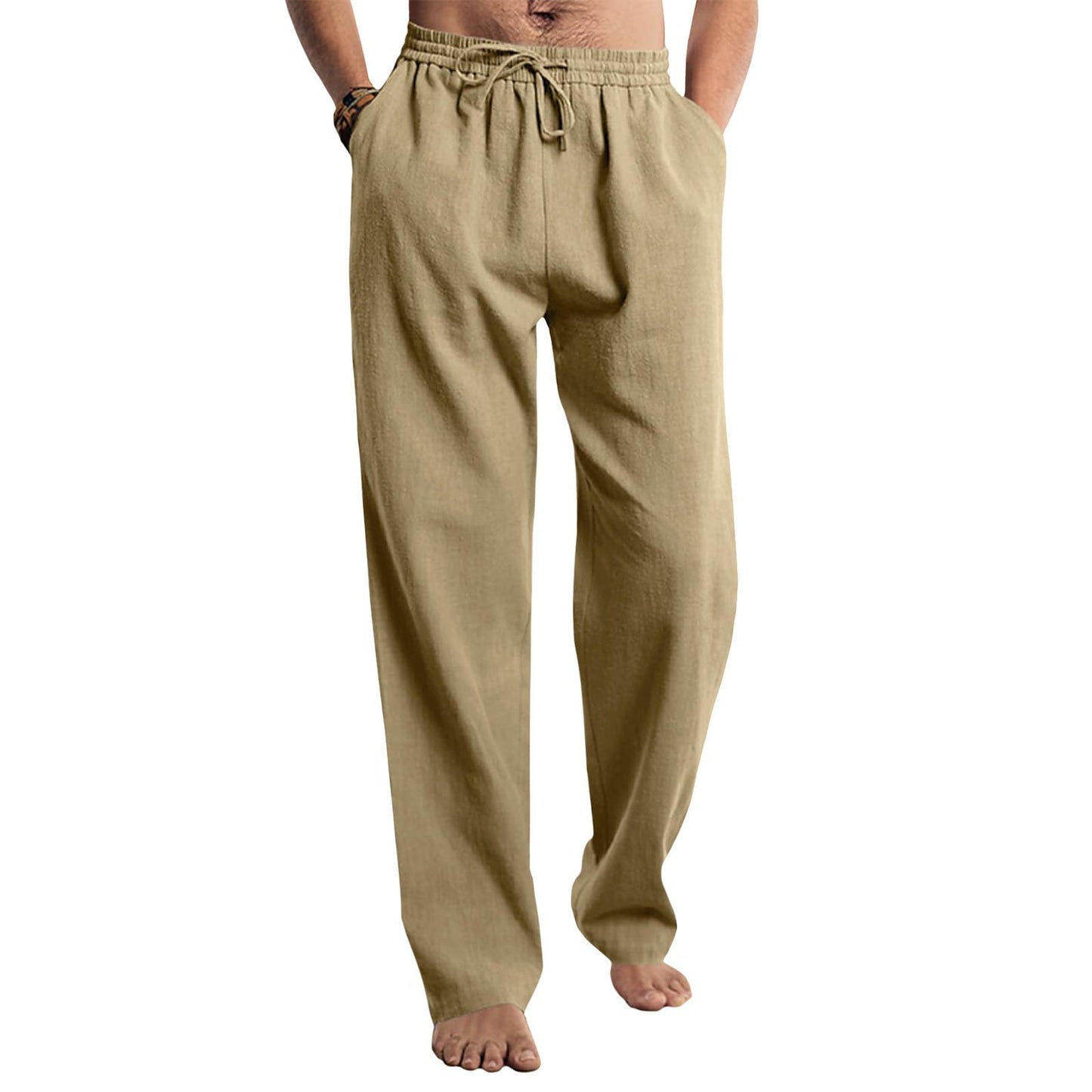 Befox Men Linen Pants,Casual Lightweight Loose Fit Elastic Drawstring Waist Loose Trousers Summer Beach Pants