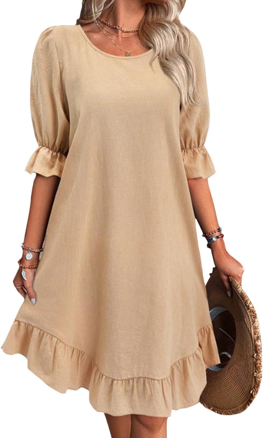 Reigee Cotton Dresses for Women Casual Summer Vacation Midi Ruffled Skirt Crewneck Falbala Solid Basic Dress
