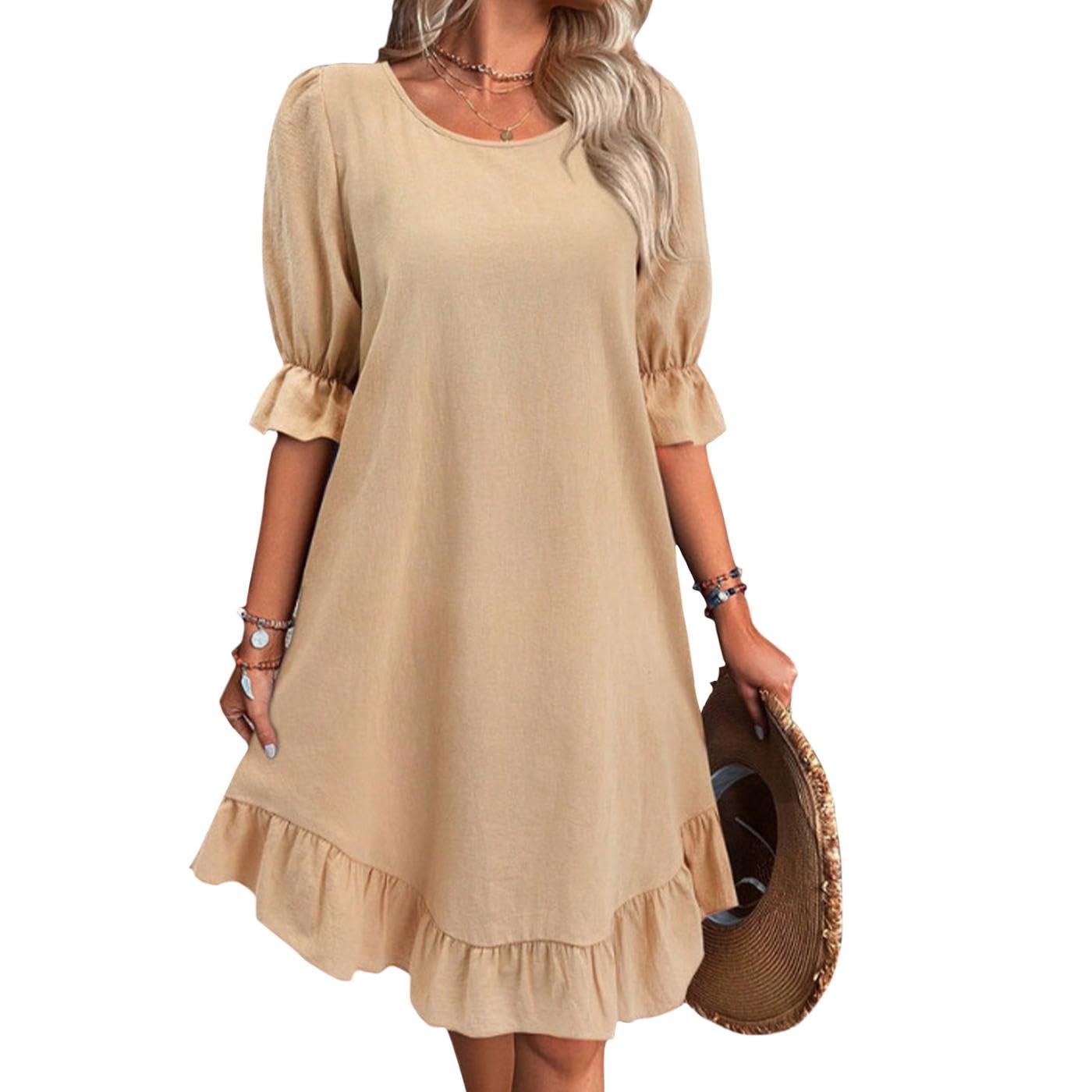 Reigee Cotton Dresses for Women Casual Summer Vacation Midi Ruffled Skirt Crewneck Falbala Solid Basic Dress