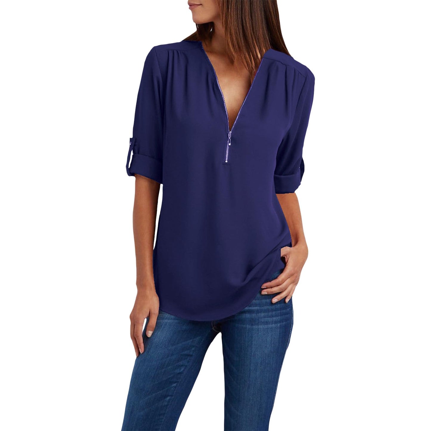 WAZZAP Women‘s Chiffon Tops, Zip Up V Neck Long Sleeve Shirt Roll Up Sleeve Loose Fit Tunic Tops Casual Trendy Chiffon Blouse