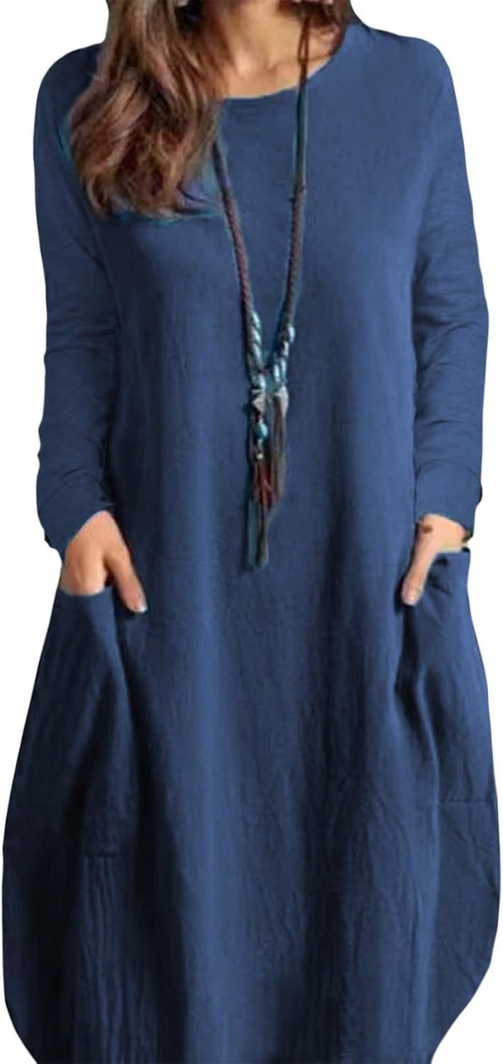 Gymrex Summer Linen Tunic Dress for Women,Long Sleeve Loose Casual Crew Neck Midi Linen Shirt Plus Size Dress with Pockets