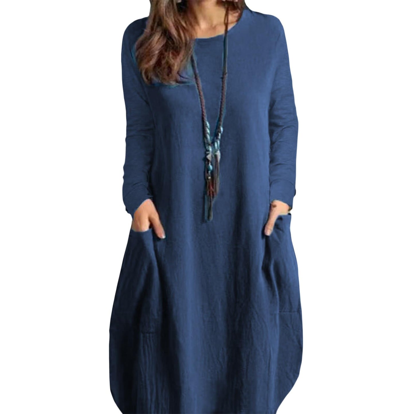 Gymrex Summer Linen Tunic Dress for Women,Long Sleeve Loose Casual Crew Neck Midi Linen Shirt Plus Size Dress with Pockets