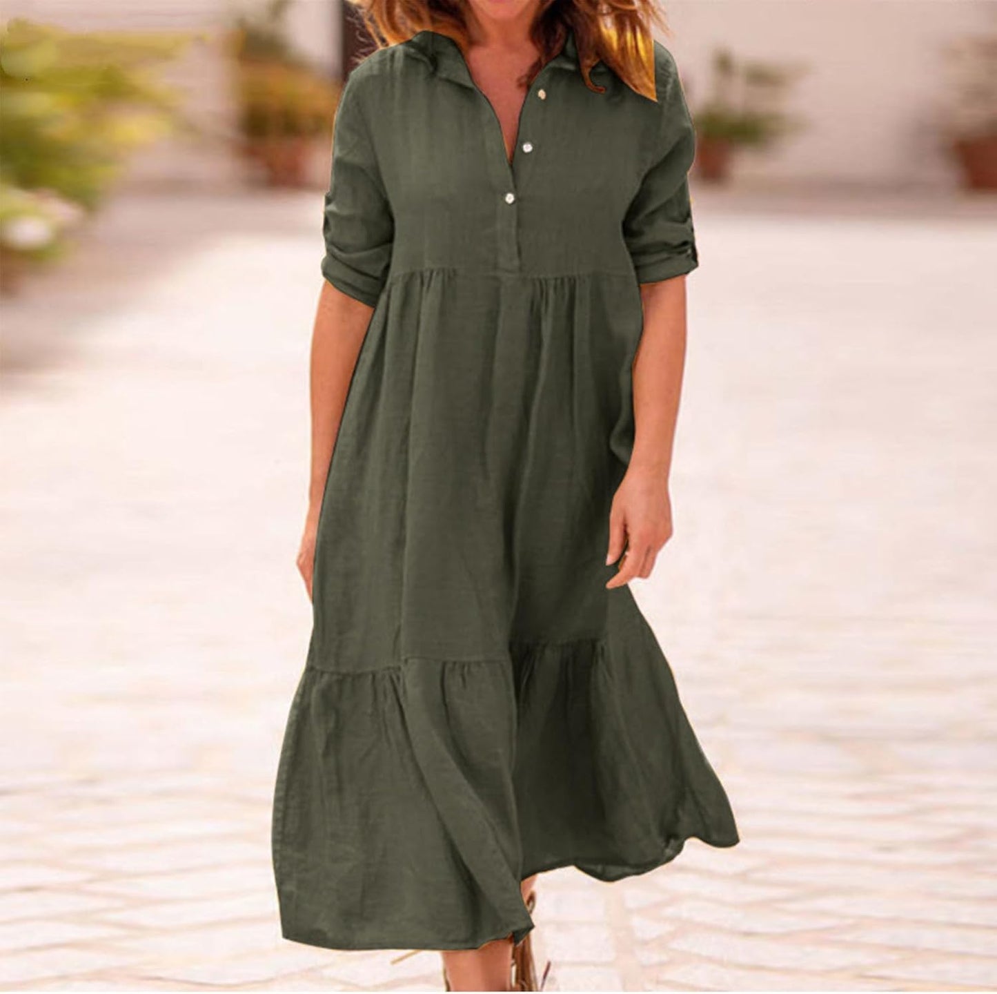 Alivebody Womens Button Down Shirt Dress, Cotton Linen Long Ruffle Hem Loose Half Sleeve Casual Summer Maxi Dress with Collar