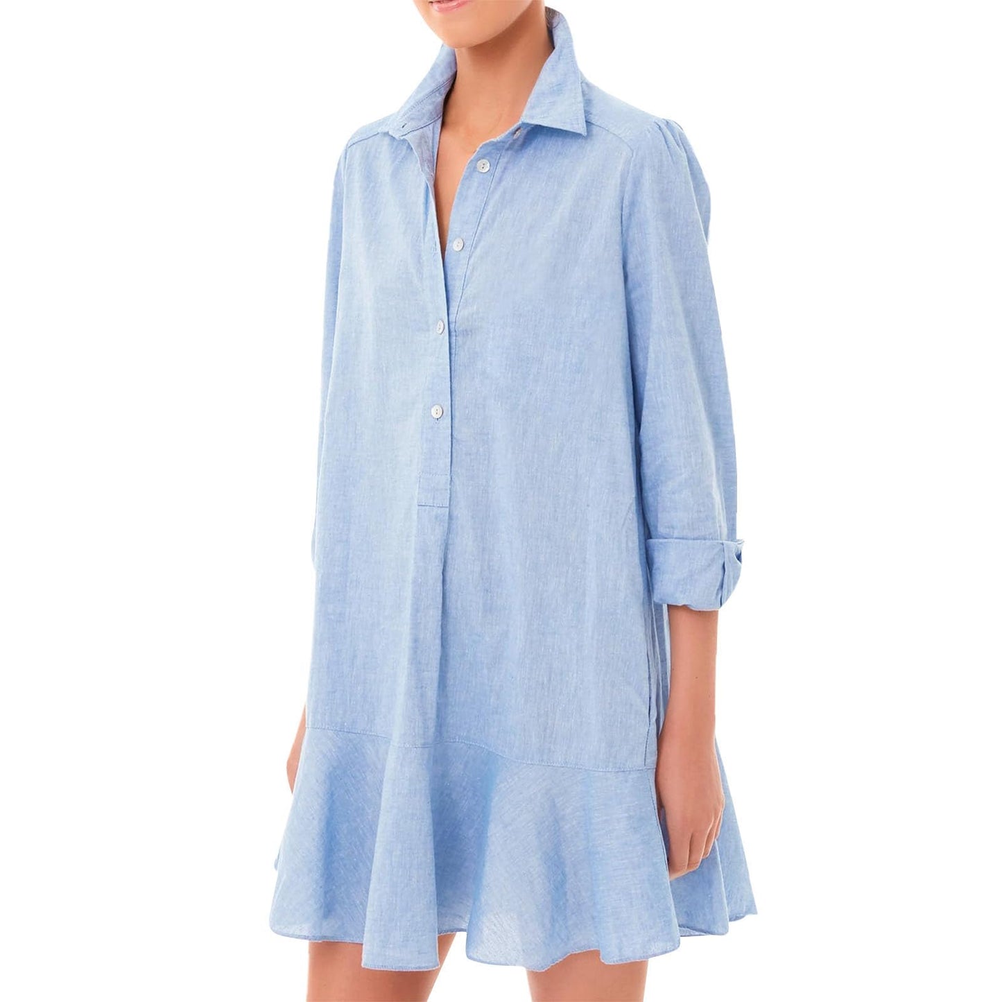 JiffPom Tunic Shirt Dress for Women, Casual Cotton Linen Button Up Long Sleeve Mini Shift Dress with Ruffle Hem and Pockets