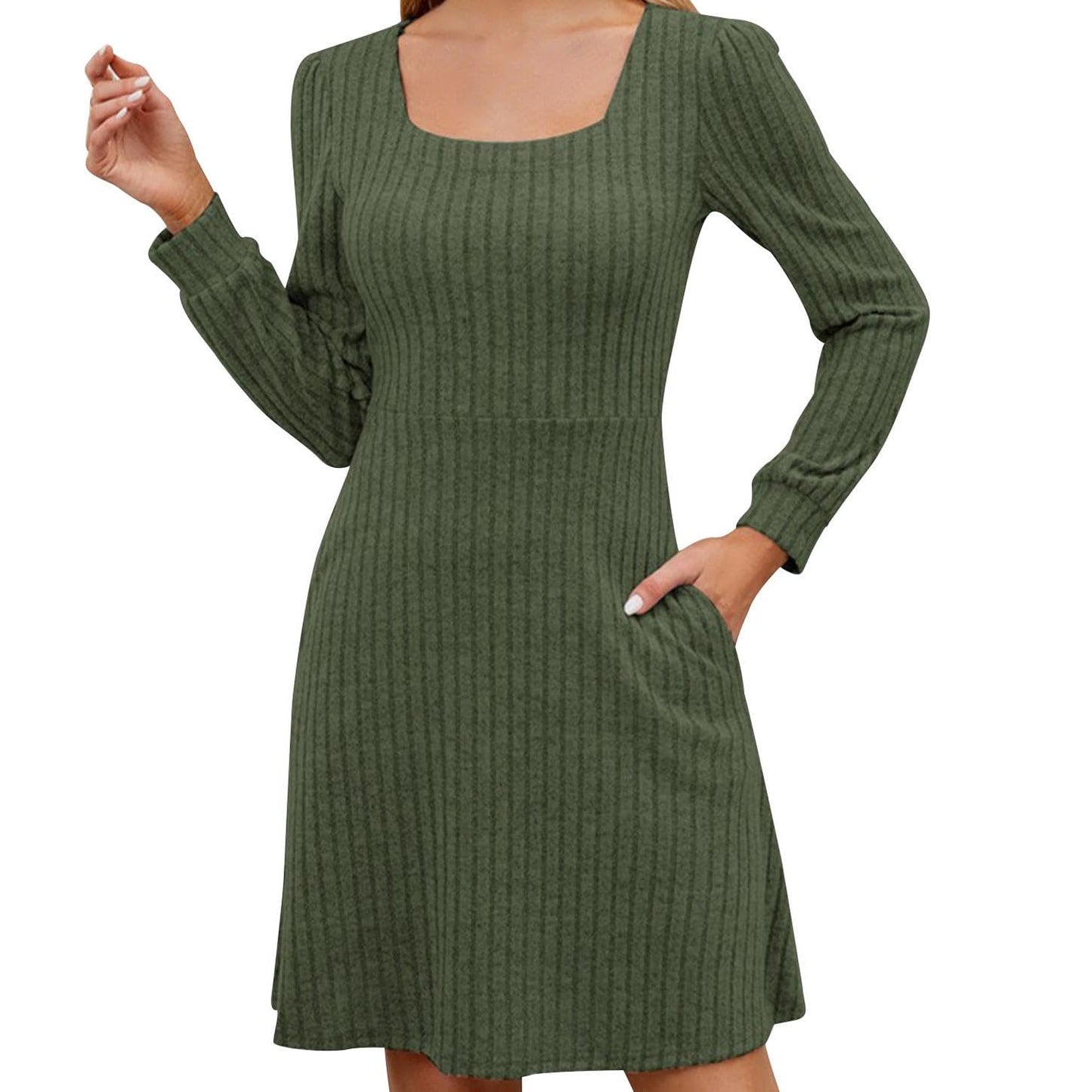 GYMDOG Women Dress for Summer Spring with Square Neck Casual Midi Polyester Skirt Solid Stripes Classic Dresses