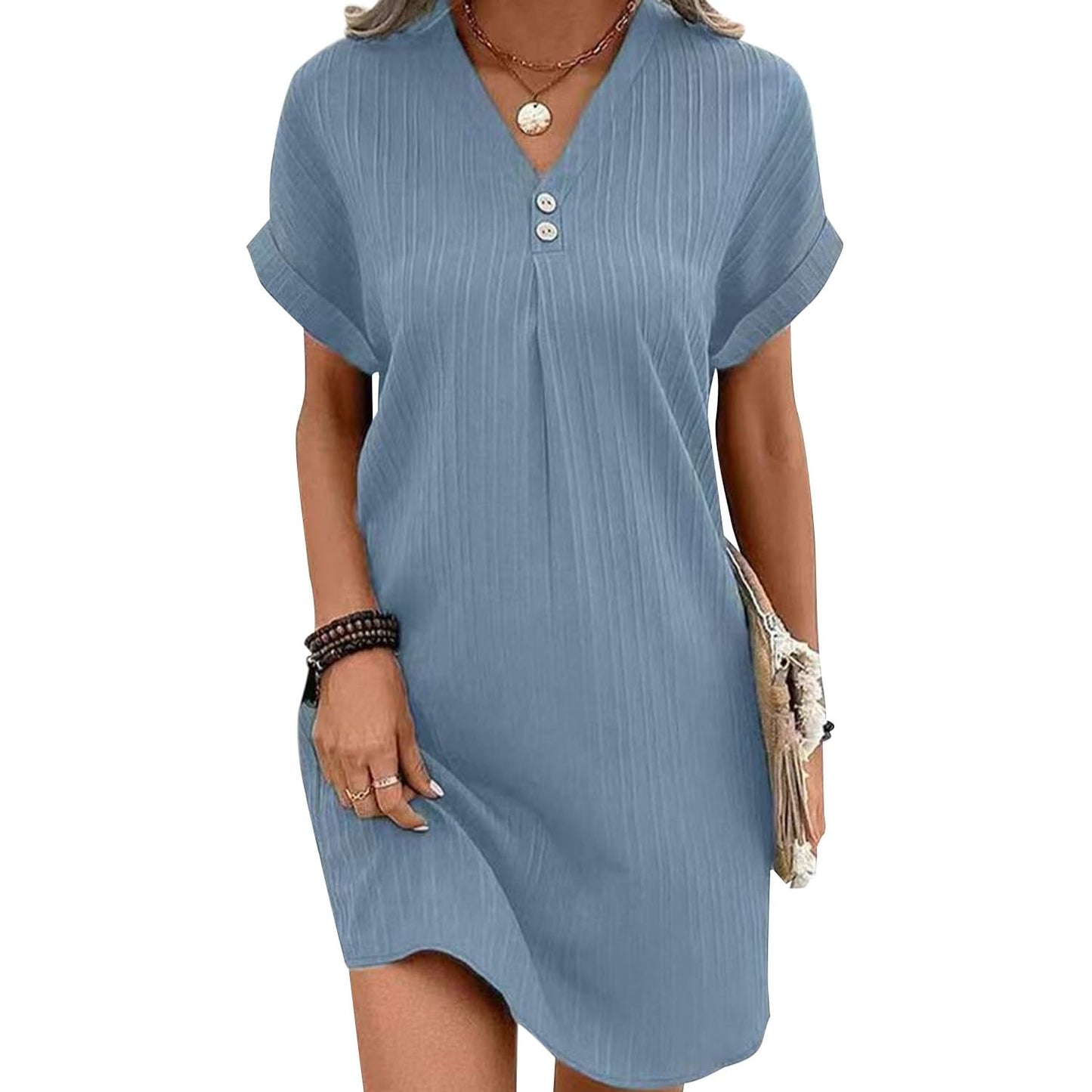 gukoo Summer Dresses for Women 2025 Button V Neck Short Sleeve Pleated Solid Loose Fit Casual Work Ladies Mini T Shirt Dress
