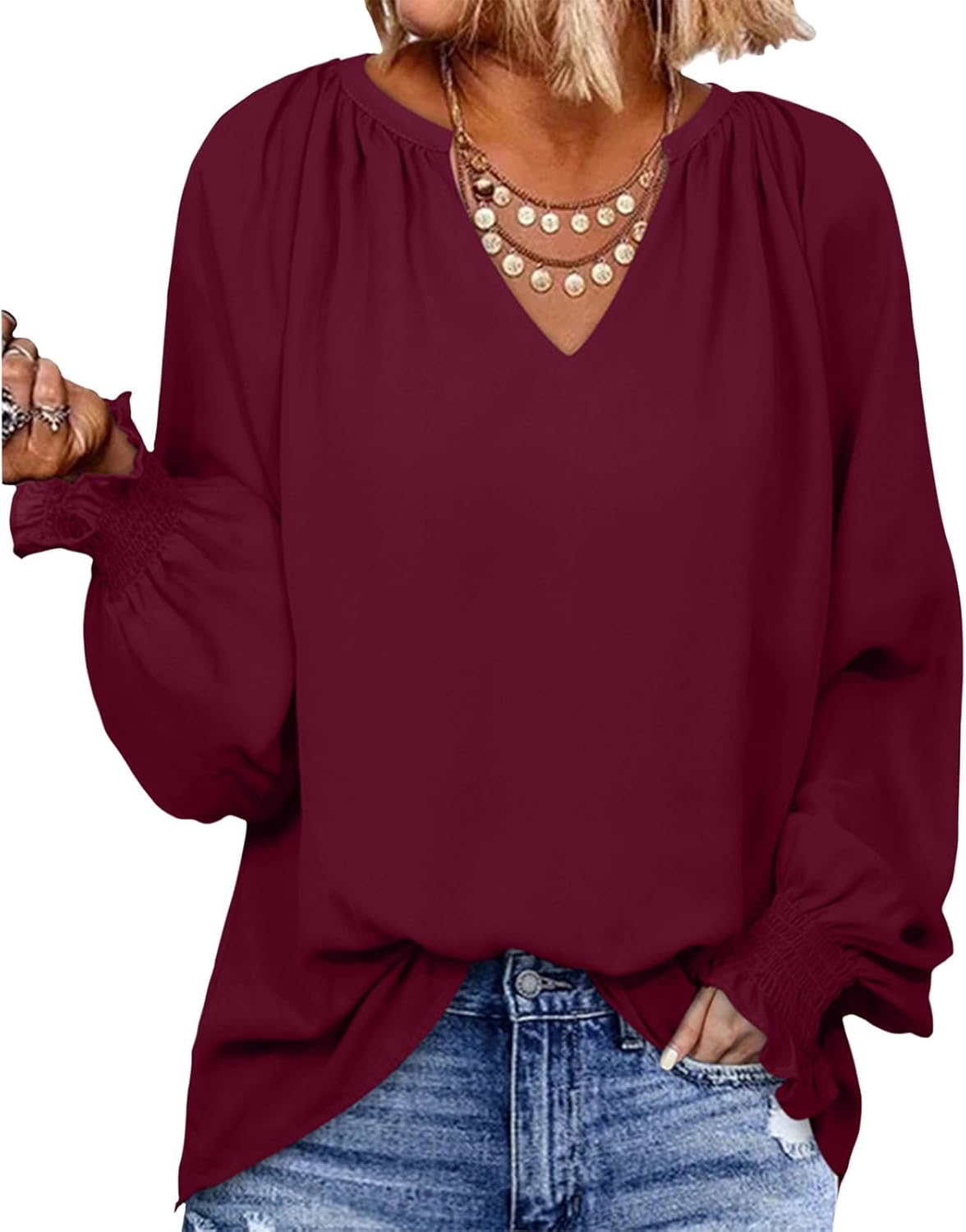 Gymrex Pleated Tops for Women - Lantern Sleeve Top V Neck Pleated Blouse Spring 2026 Trendy Long Sleeve Plus Size Shirt