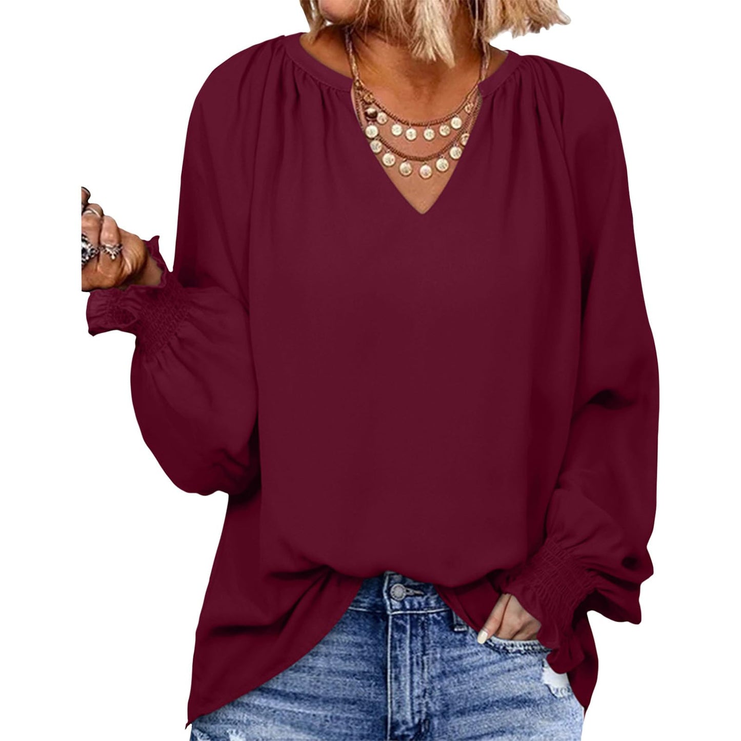 Gymrex Pleated Tops for Women - Lantern Sleeve Top V Neck Pleated Blouse Spring 2026 Trendy Long Sleeve Plus Size Shirt