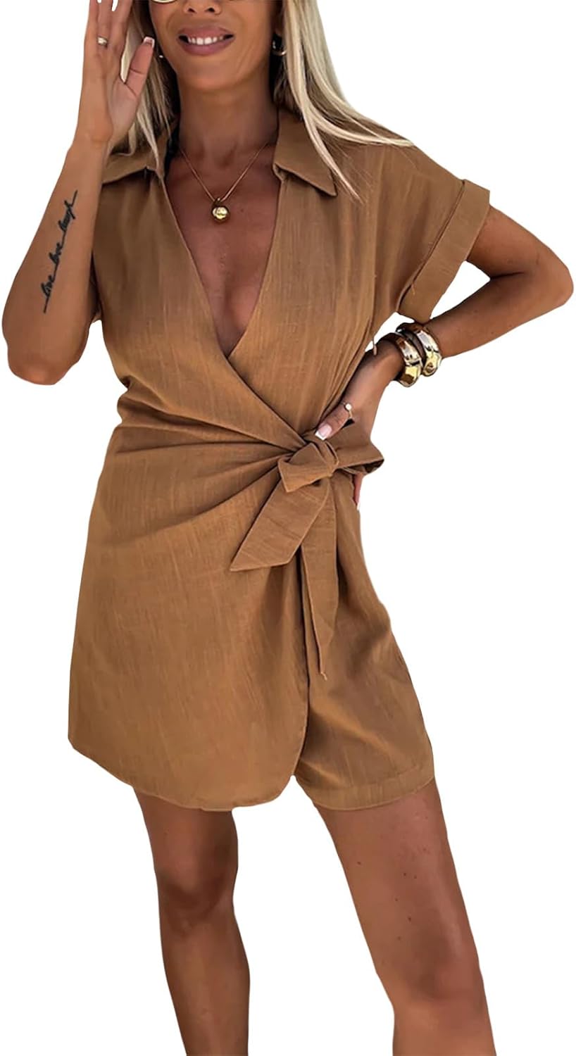 Gymrex Womens Sexy V-Neck Tie Front Short Sleeve Romper Summer Casual Beach Vacation 2026 Jumpsuit Shorts One Piece Outfit