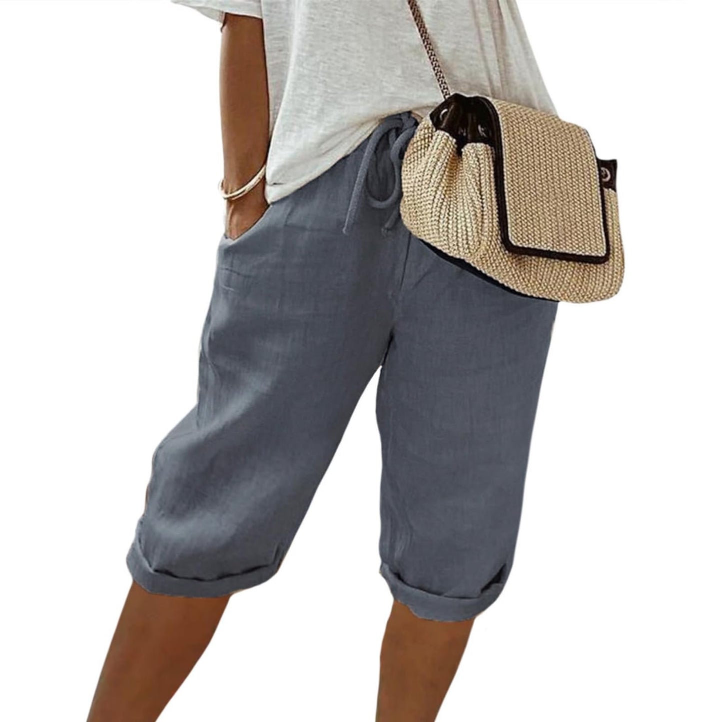 FONDBERYL Womens Cotton Linen Shorts Knee Length Drawstring Elastic Waist Summer Casual Gym Going Out Shorts with Pockets