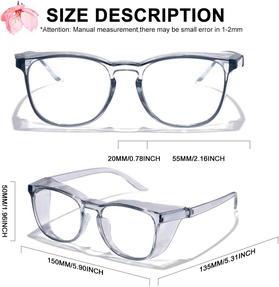 JiffPom Safety Glasses Goggles Clear - Square Anti Fog Blue Light Blocking Eyewear with Side Shields UV Protection for Lab Eye Protection Debris splash