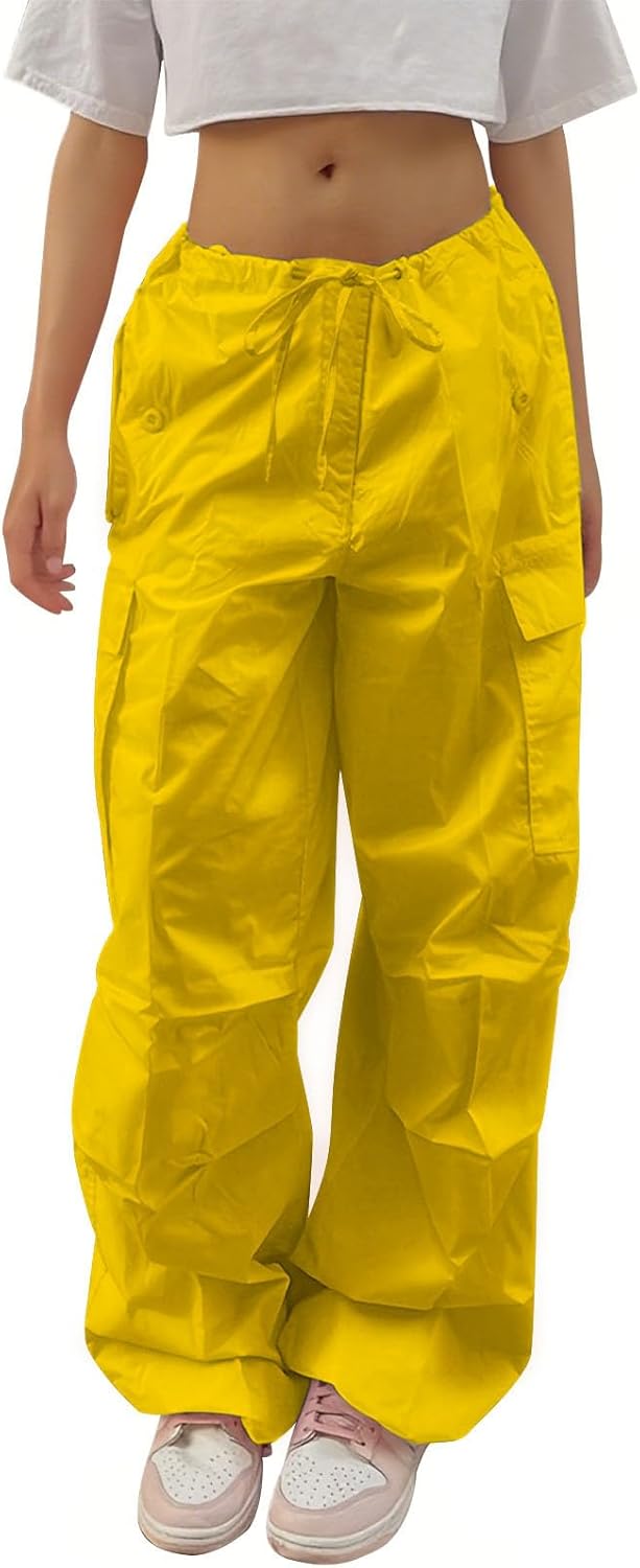 Reigee Women's Parachute Pants,Low Rised Baggy Cargo Pants with Drawstring for Women Y2K Streetwear Wide Leg Trousers
