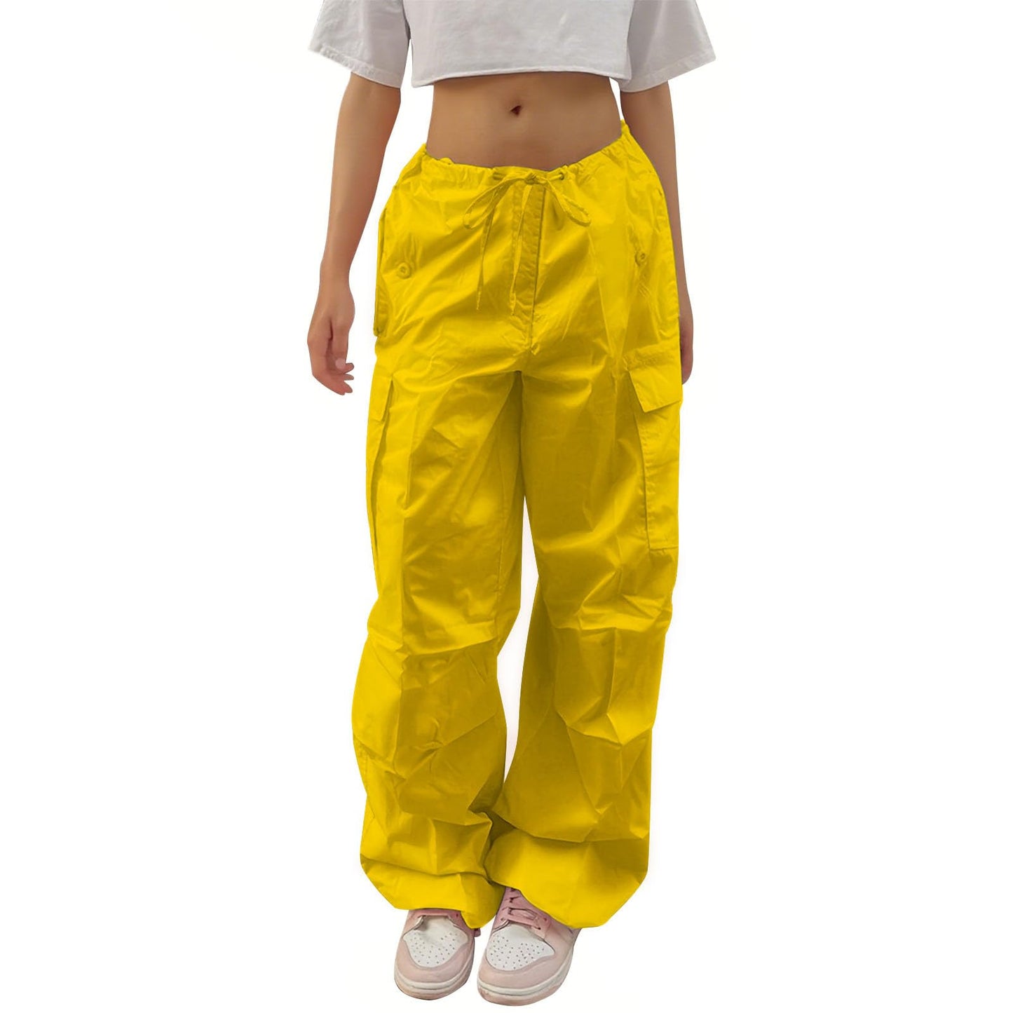 Reigee Women's Parachute Pants,Low Rised Baggy Cargo Pants with Drawstring for Women Y2K Streetwear Wide Leg Trousers