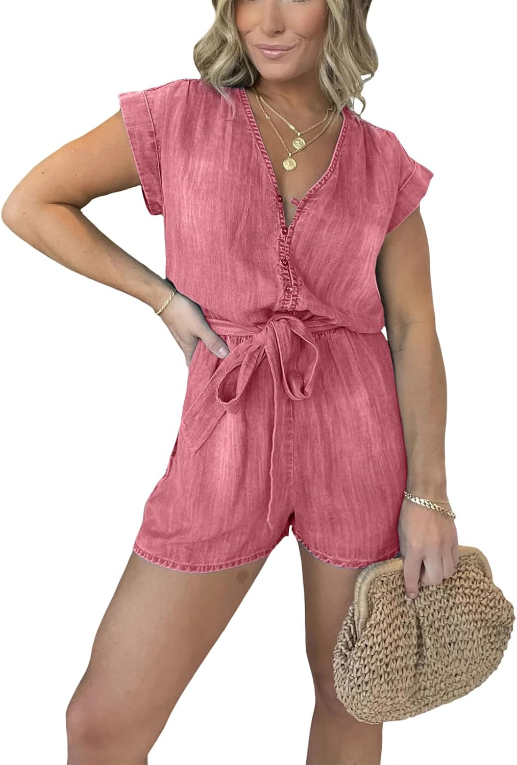 Gymrex Denim Short Jumpsuit for Women, Short Sleeve V-Neck Tencel Denim Button Down & Tie Front High Waist Summer Rompers