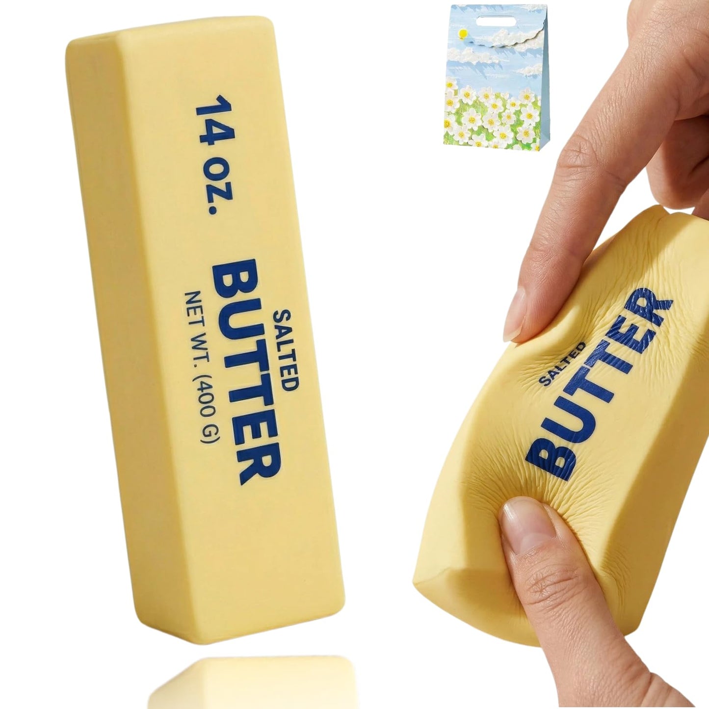 Kribee 14oz Big Butter Squishy, Giant Realistic Butter Squeeze Toys & Mini Squeezy Butter Set, Soft Slow Rising Stress Relief Fidget Toy for Stress Relief Anxiety Sensory Gifts (Yellow 2pcs,4+14oz)