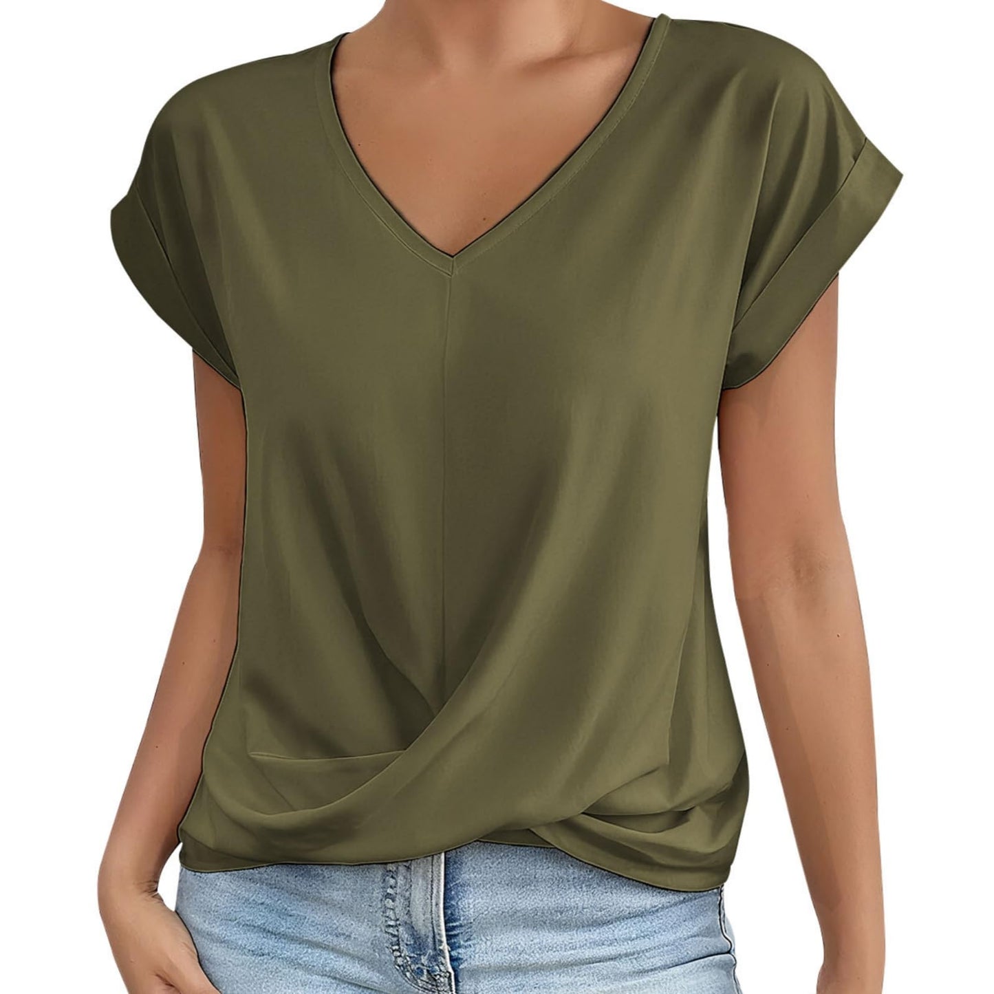 Alivebody Shirts for Women Summer Tops 2025 V Neck Blouse Short Sleeve Casual Polyester Fashion T-Shirts