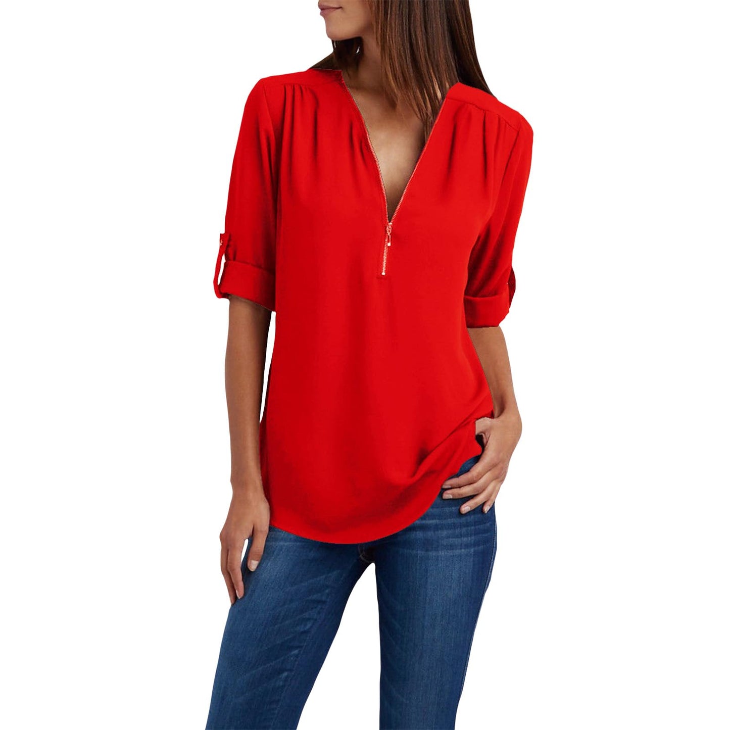WAZZAP Women‘s Chiffon Tops, Zip Up V Neck Long Sleeve Shirt Roll Up Sleeve Loose Fit Tunic Tops Casual Trendy Chiffon Blouse