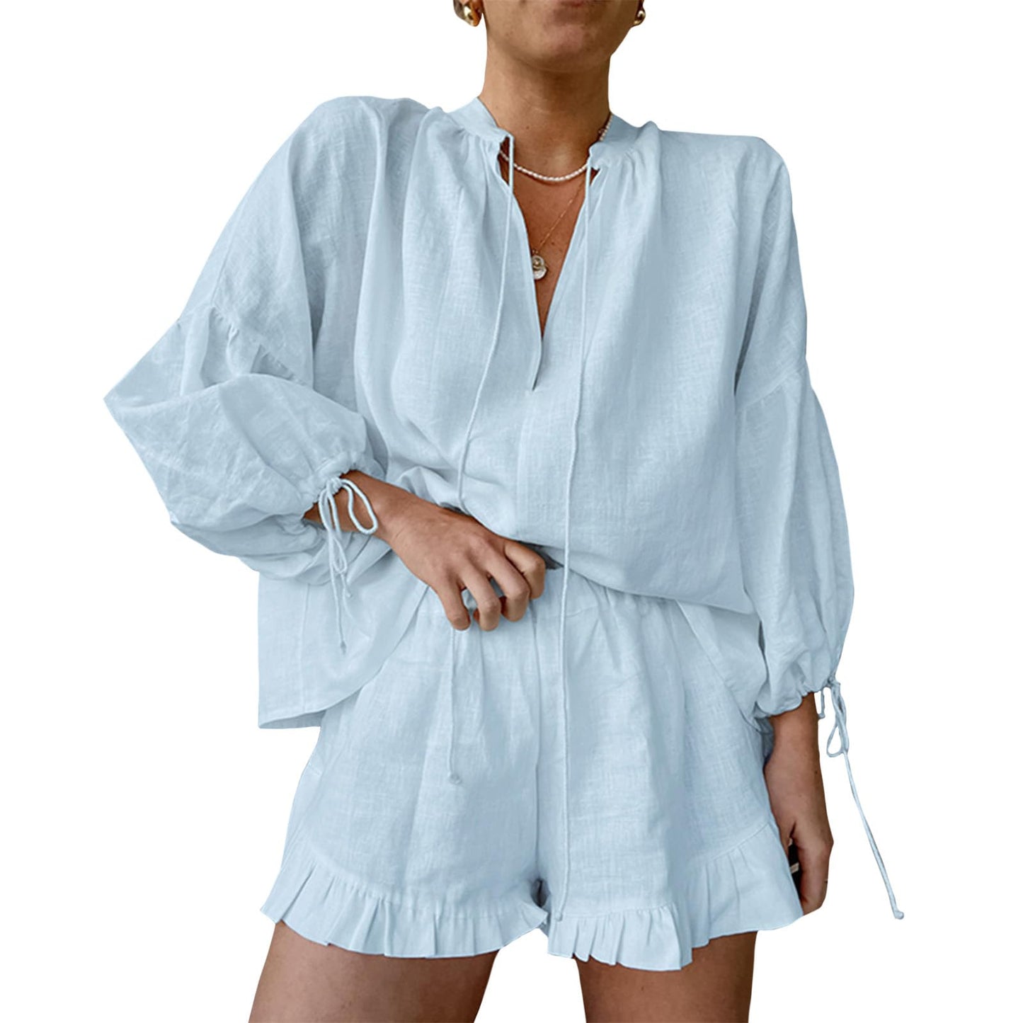 Gymrex Linen Shorts Sets Women 2 Piece Outfits, V-Neck Tie Front Lantern Sleeve Top & Elastic Waist Ruffle Shorts