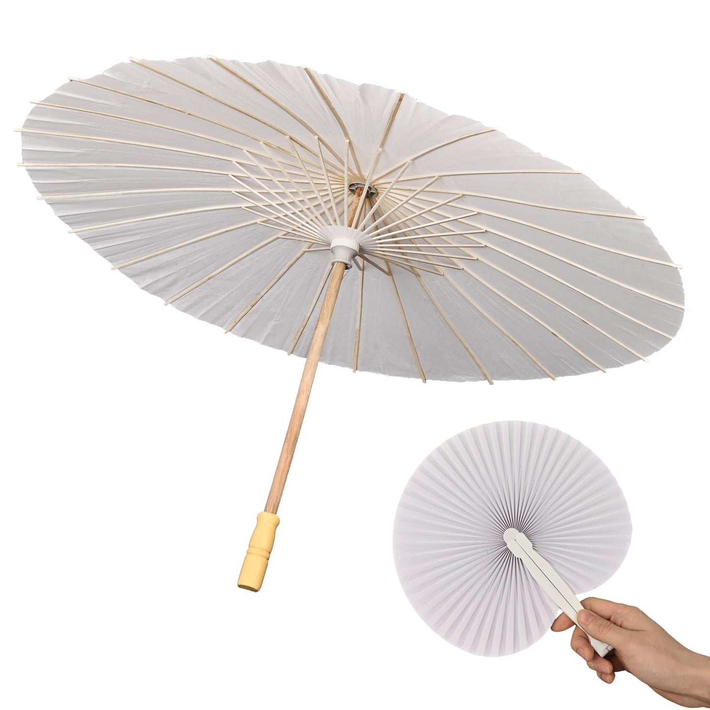 JiffPom 33 Inch White Paper Umbrella with Folding Heart Fan – Chinese Japanese Style Parasol for DIY Painting, Wedding, Bridal Shower, Photography, Party Decoration