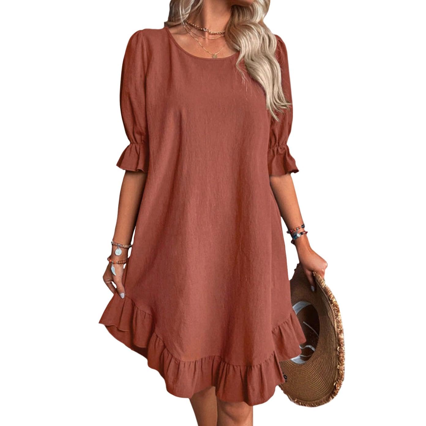 Reigee Cotton Dresses for Women Casual Summer Vacation Midi Ruffled Skirt Crewneck Falbala Solid Basic Dress