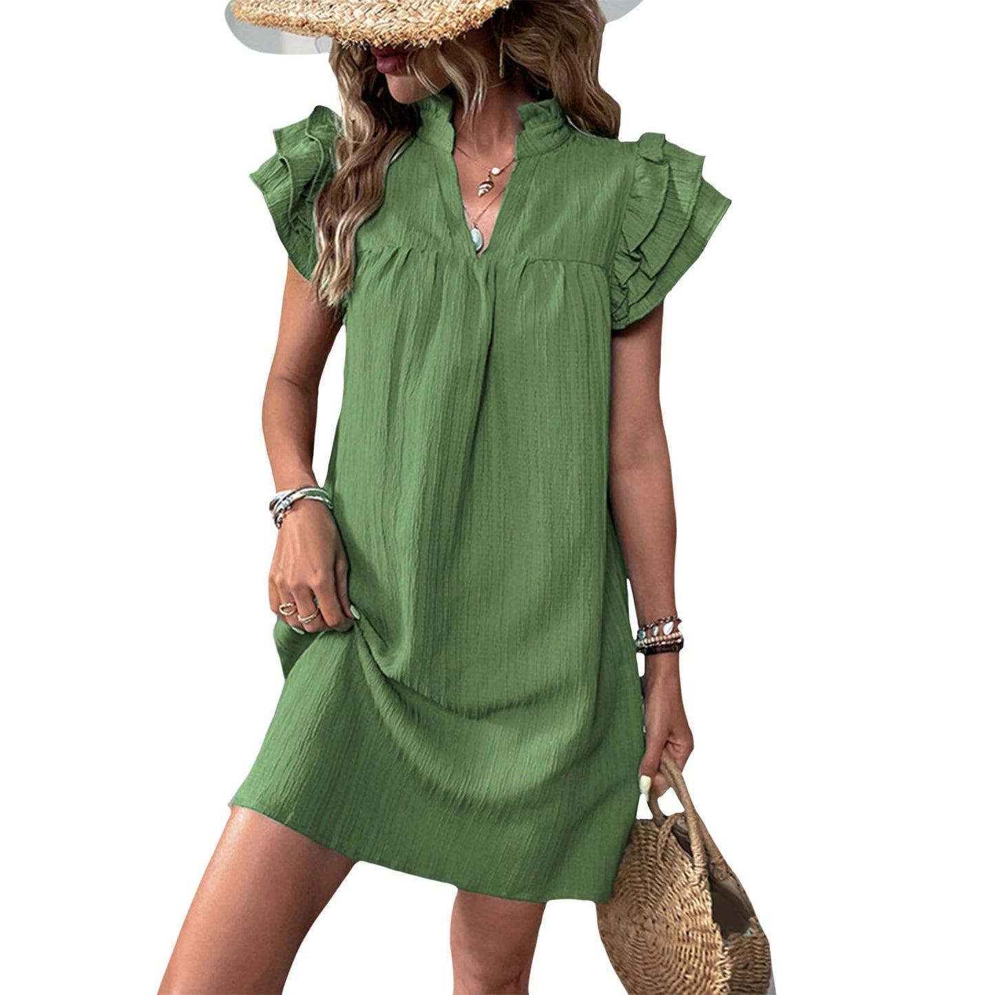 Gymrex Ruffle Sleeve Dress for Women V Neck Summer Casual Ruffle Short Sleeve A Line Mini Women Straight Dresses