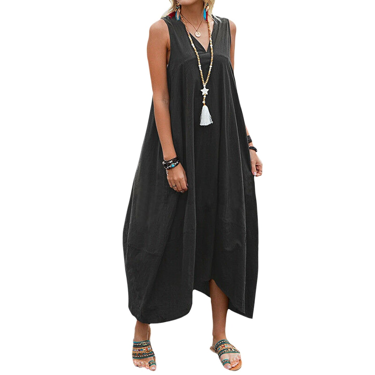 Bejirog Linen Tank Dress for Women, Long Flowy Loose Maxi V Neck Sleeveless Casual Summer Beach Vacation Dress with Pockets