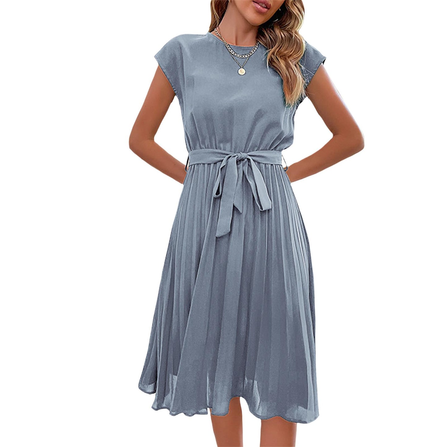 Bejirog Pleated Midi Dress for Women, Belted Tie Waist A-Line Short Sleeve Crew Neck Elegant Summer Wedding Guest Dress