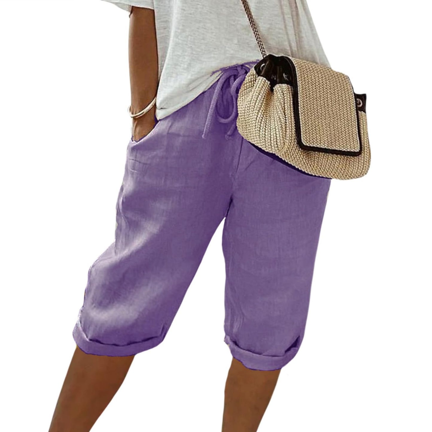 FONDBERYL Womens Cotton Linen Shorts Knee Length Drawstring Elastic Waist Summer Casual Gym Going Out Shorts with Pockets