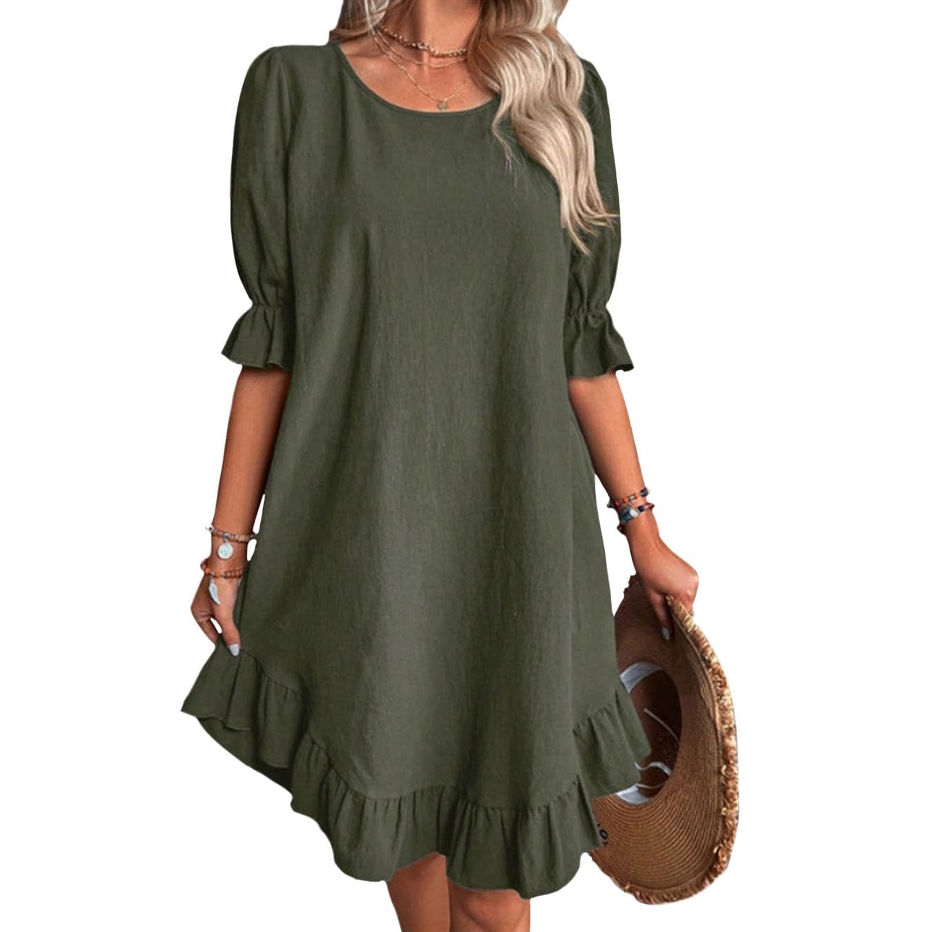 Reigee Cotton Dresses for Women Casual Summer Vacation Midi Ruffled Skirt Crewneck Falbala Solid Basic Dress