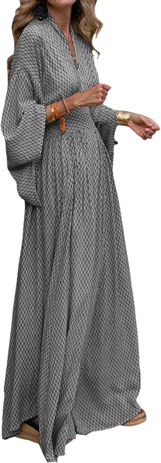 Alivebody Flowy Long Boho Maxi Dress for Women with Deep V Neck & Bell Sleeves, Empire Waist Casual Wedding Guest Dress
