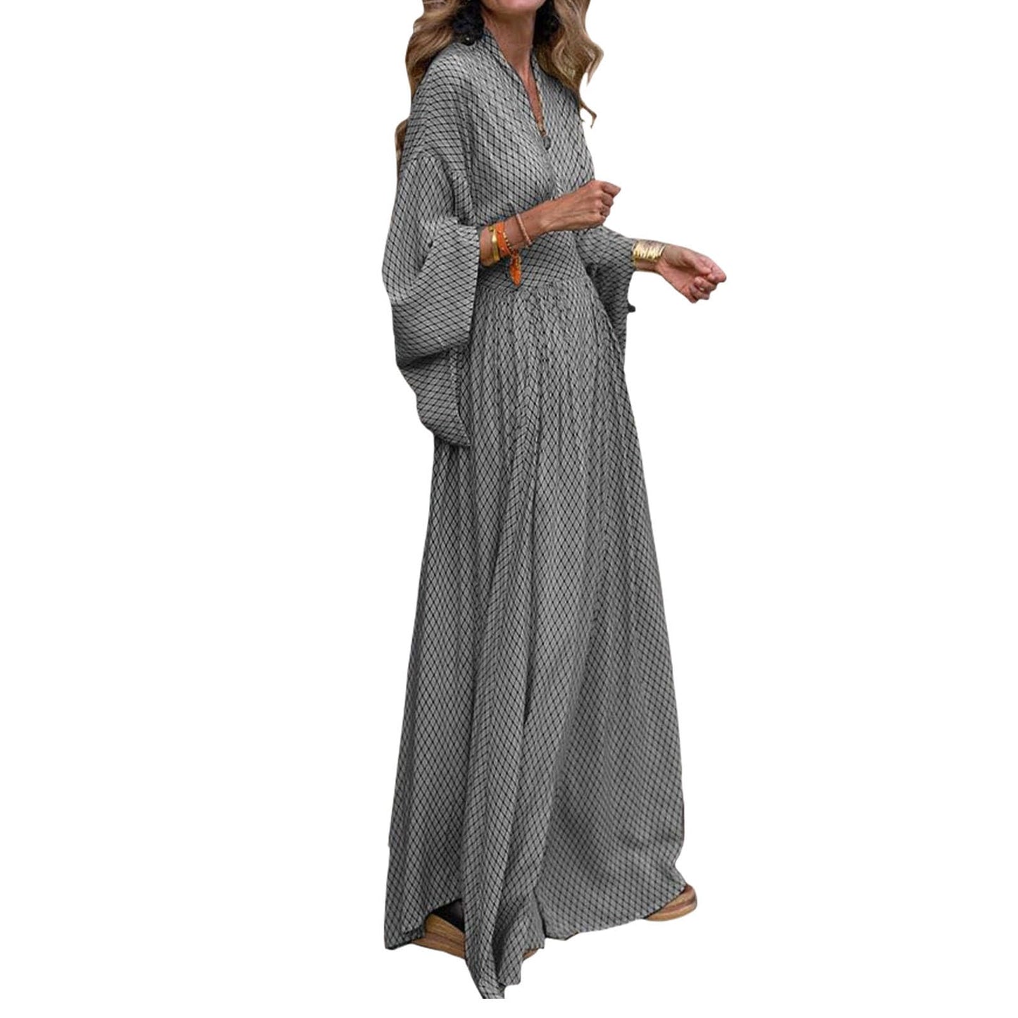 Alivebody Flowy Long Boho Maxi Dress for Women with Deep V Neck & Bell Sleeves, Empire Waist Casual Wedding Guest Dress