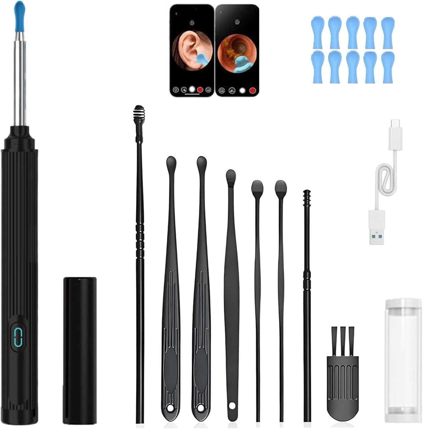Kribee 10mp HD Ear Cleaner Kit with Camera and LED Light, 2-in-1 Ear Cleaner with Precision Tweezers & Silicone Scoop, Ear Wax Removal, IP67 Waterproof Lens, Wireless & Easy to Use (Black)