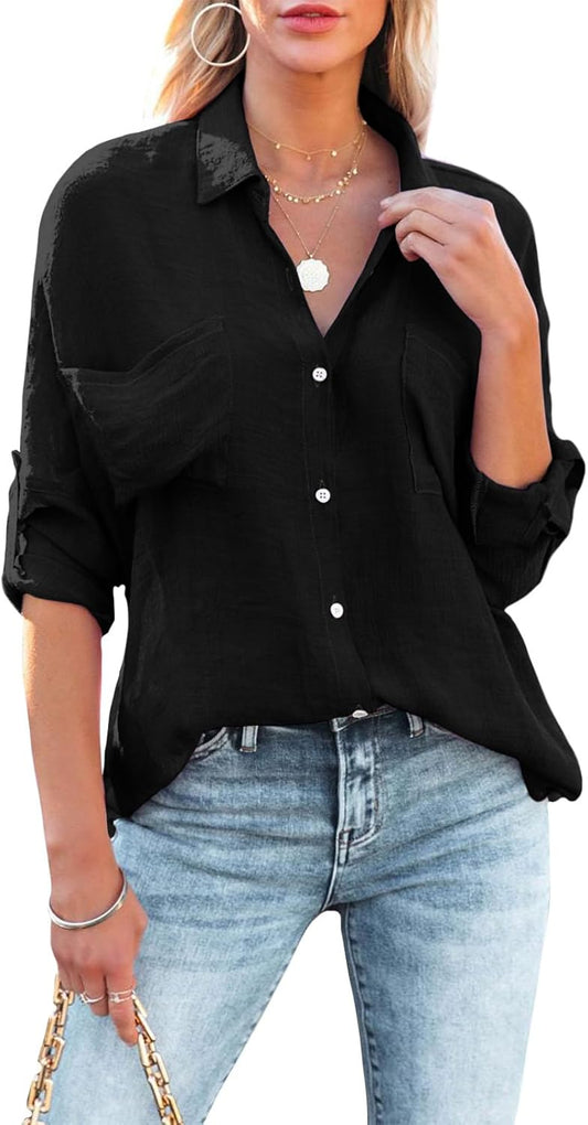 GYMBULL Button Down Blouse for Women 2026 Trendy Lightweight Roll Up Sleeve Shirt with Pockets Casual Loose Collared Tops