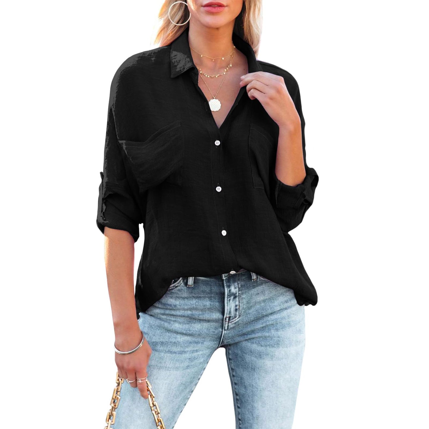 GYMBULL Button Down Blouse for Women 2026 Trendy Lightweight Roll Up Sleeve Shirt with Pockets Casual Loose Collared Tops