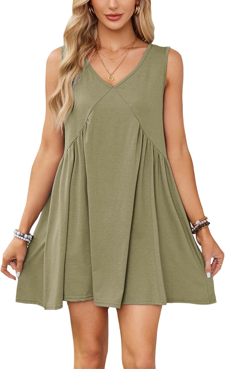 NAILONG Babydoll Mini Dress for Women, Pleated Flowy V Neck Tank Sleeveless Summer Swing Casual Beach Vacation Sun Dress