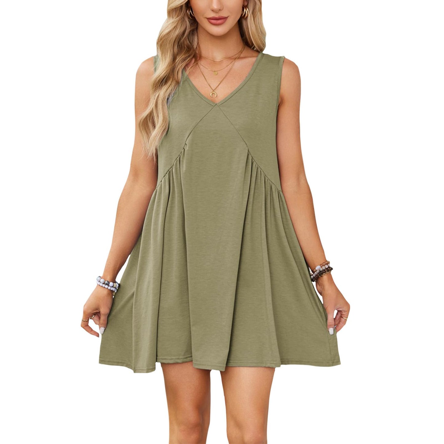 NAILONG Babydoll Mini Dress for Women, Pleated Flowy V Neck Tank Sleeveless Summer Swing Casual Beach Vacation Sun Dress